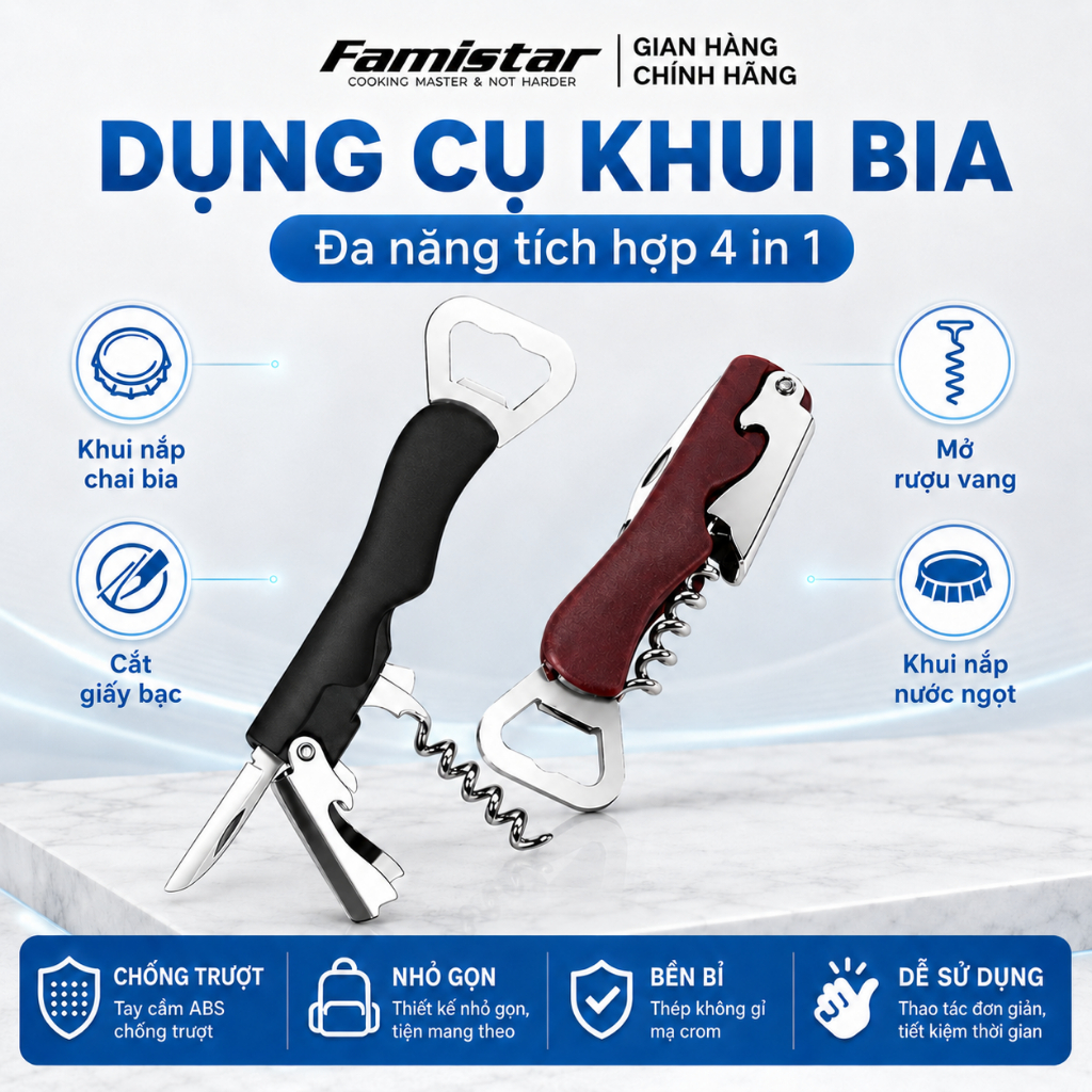 Dụng Cụ Khui Rượu Bia Đa Năng 4in1 – Khui Nắp Chai, Mở Rượu Vang, Cắt Giấy Bạc, Tiện Lợi Chống Trượt Famistar