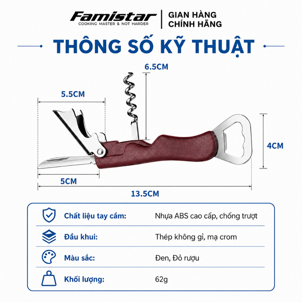 Dụng Cụ Khui Rượu Bia Đa Năng 4in1 – Khui Nắp Chai, Mở Rượu Vang, Cắt Giấy Bạc, Tiện Lợi Chống Trượt Famistar