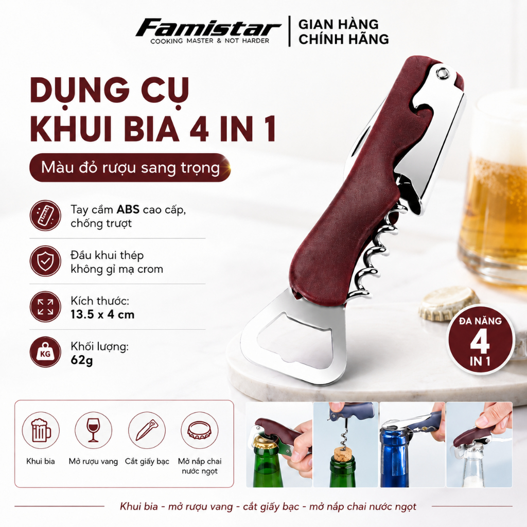 Dụng Cụ Khui Rượu Bia Đa Năng 4in1 – Khui Nắp Chai, Mở Rượu Vang, Cắt Giấy Bạc, Tiện Lợi Chống Trượt Famistar