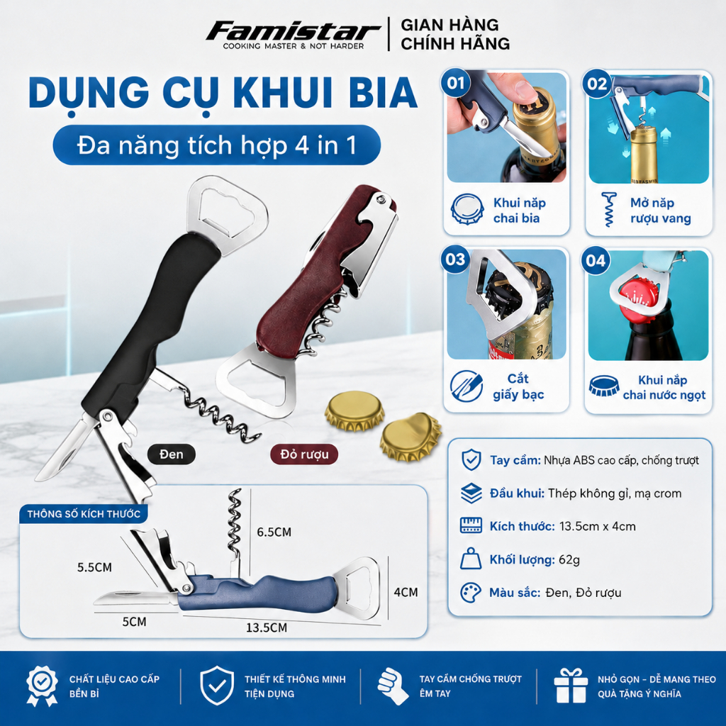 Dụng Cụ Khui Rượu Bia Đa Năng 4in1 – Khui Nắp Chai, Mở Rượu Vang, Cắt Giấy Bạc, Tiện Lợi Chống Trượt Famistar