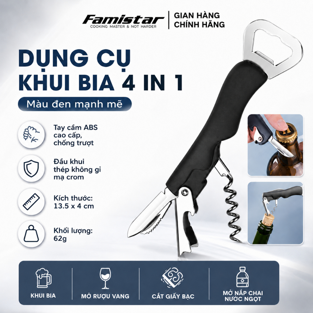 Dụng Cụ Khui Rượu Bia Đa Năng 4in1 – Khui Nắp Chai, Mở Rượu Vang, Cắt Giấy Bạc, Tiện Lợi Chống Trượt Famistar