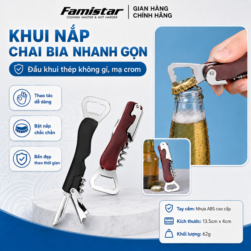 Dụng Cụ Khui Rượu Bia Đa Năng 4in1 – Khui Nắp Chai, Mở Rượu Vang, Cắt Giấy Bạc, Tiện Lợi Chống Trượt Famistar