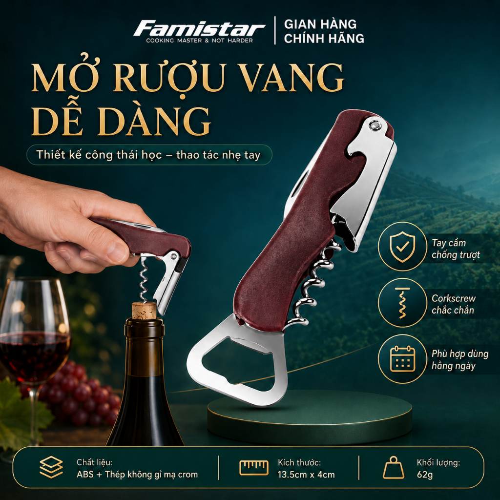 Dụng Cụ Khui Rượu Bia Đa Năng 4in1 – Khui Nắp Chai, Mở Rượu Vang, Cắt Giấy Bạc, Tiện Lợi Chống Trượt Famistar
