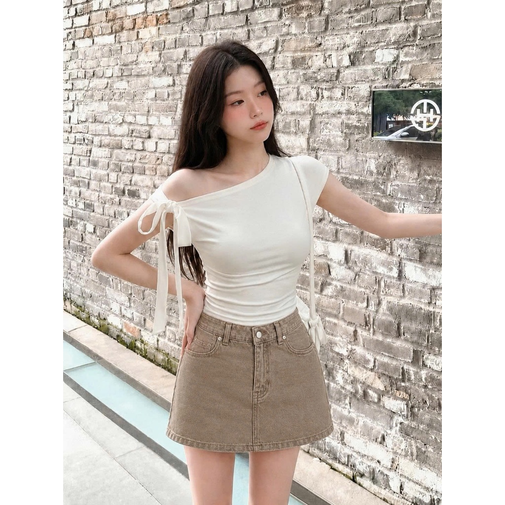 Chân Váy Jean Ngắn  (VẢI MỀM ĐẸP) tone Be Vintage Mix Đồ Xinh #8622 Chezi house - Nữ