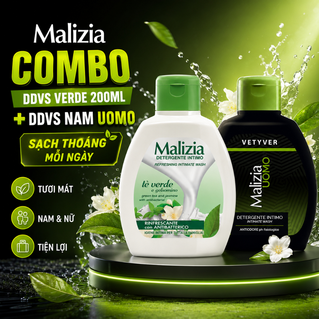 Combo Dung Dịch Vệ Sinh Nam Nữ Malizia Tè Verde 200ml Và Uomo 200ml Khử Mùi Sạch Thoáng