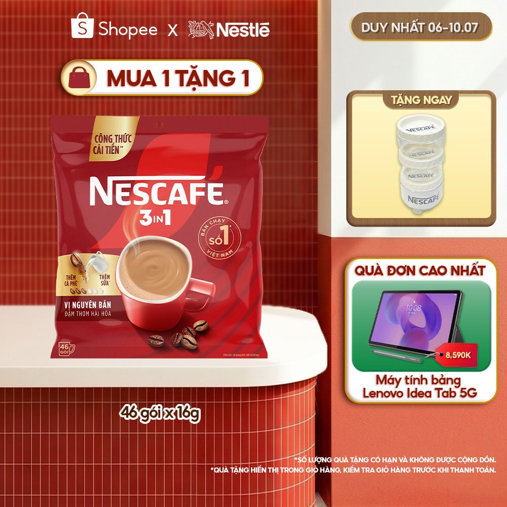 [Tặng Bộ 3 hũ đựng gia vị NESCAFÉ] Bịch Cà phê Hòa tan NESCAFÉ VỊ NGUYÊN BẢN 46 gói Đậm Thơm Hoàn Hảo