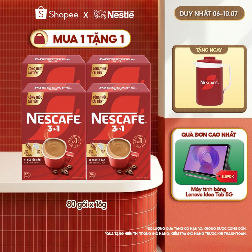 [Tặng Ca đá Nescafé] Combo 4 Hộp Cà phê Hòa tan NESCAFÉ VỊ NGUYÊN BẢN 20 gói Đậm Thơm Hoàn Hảo