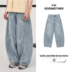 Quần Jean Ống Bí Cào Rách GODMOTHER Quần Jean Form Suông Ống Rộng Chất Denim Wash Xanh Phong Cách Đường Phố Hàn Quốc