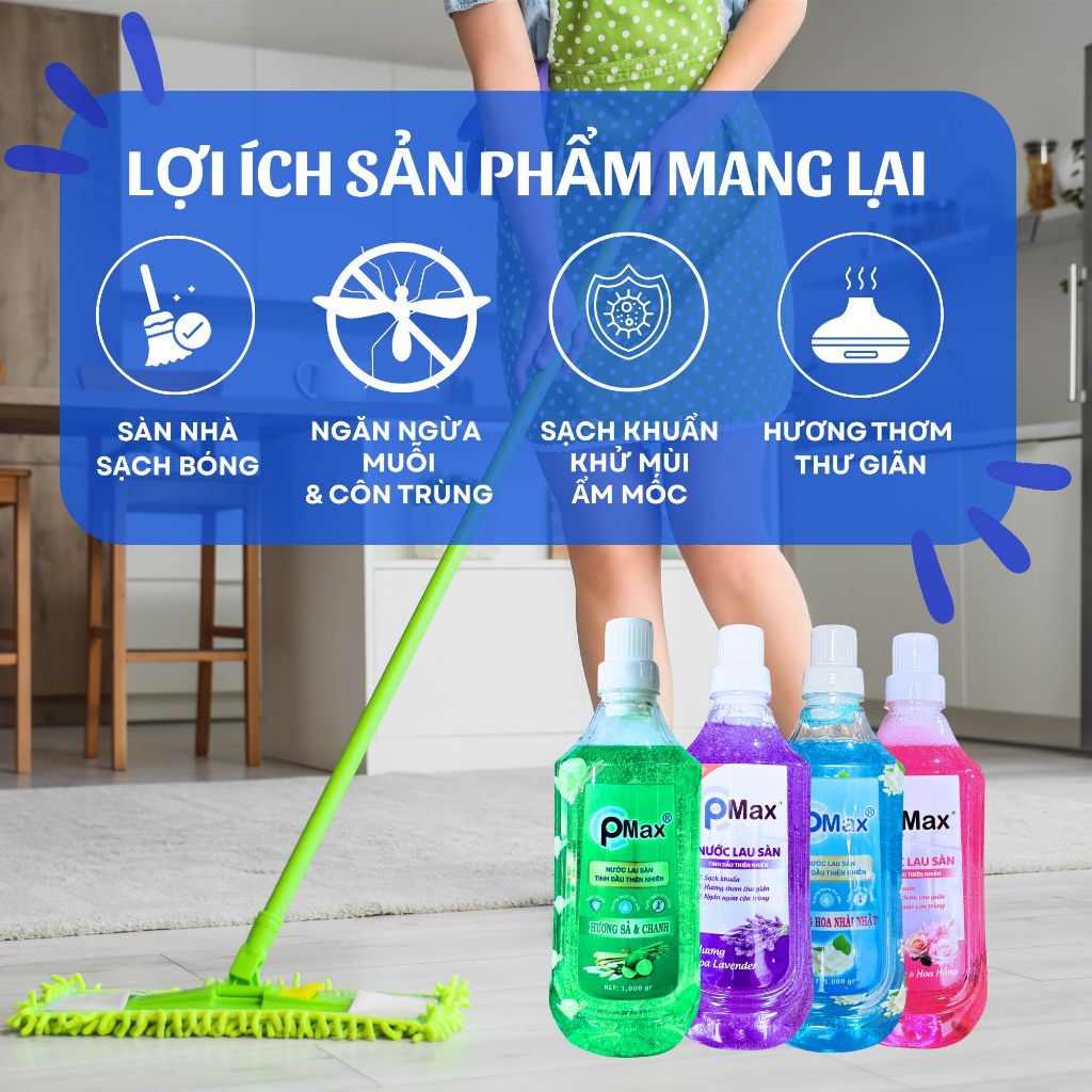 Nước Lau Sàn PMAX 1.000GR - Đuổi muỗi và côn trùng, Sạch khuẩn, Hương thơm dễ chịu