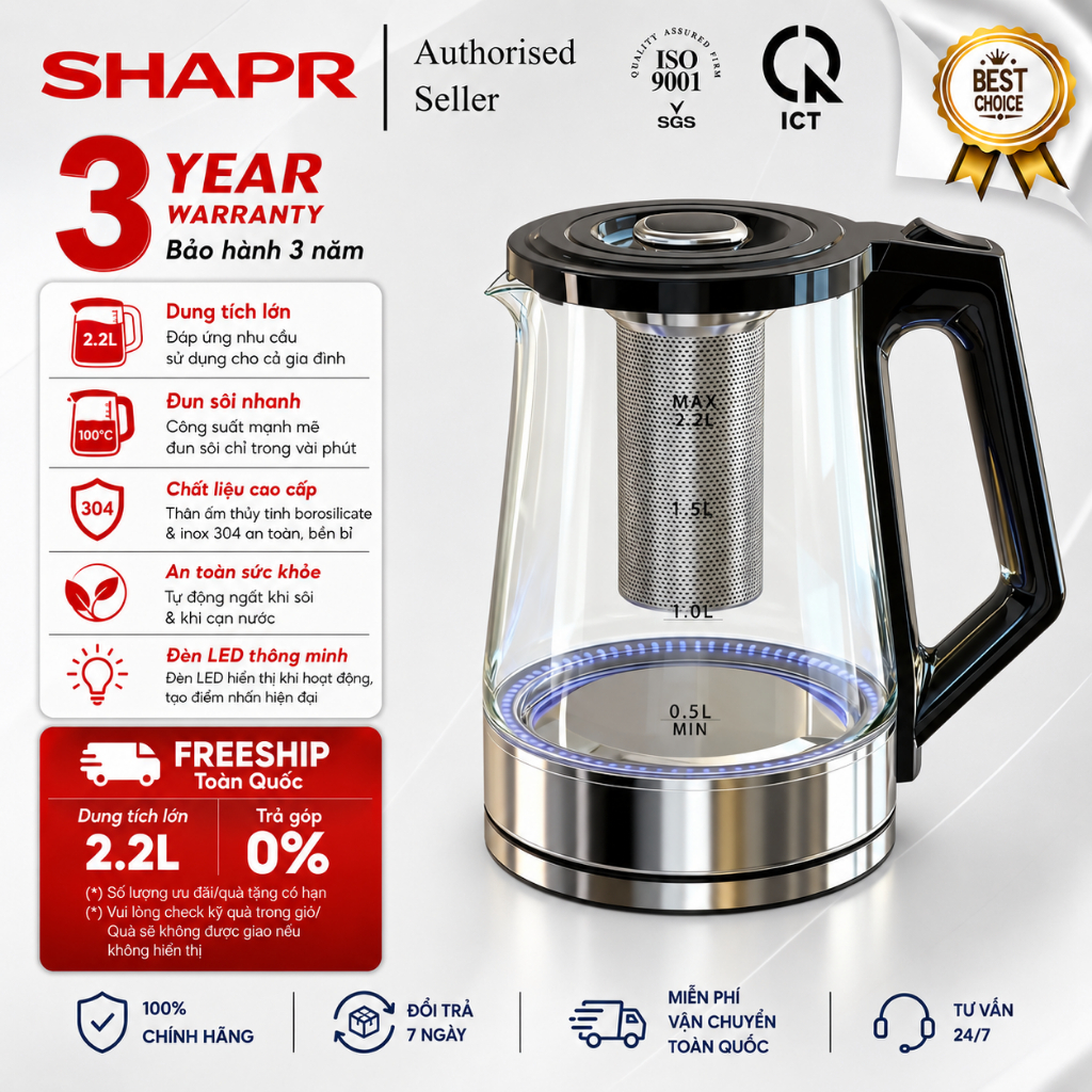 【Bảo hành 5 năm】 - Ấm trà có bộ lọc - Ấm siêu tốc - Dung tích 2200ml - Khử trùng bằng ánh sáng xanh