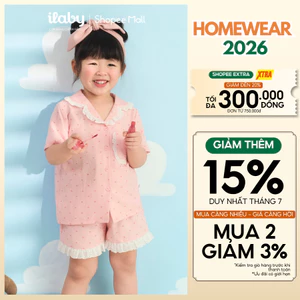 [ILABY 10-40kg] Đồ bộ mặc nhà bé gái, đồ bộ pijama cộc tay vải đũi xốp họa tiết trái tim [3870]