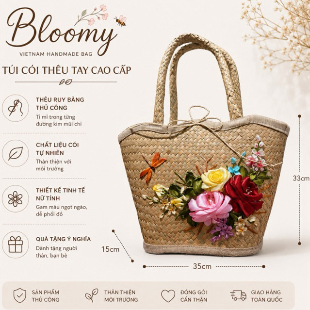 Túi Cói Thêu Hoa Cao Cấp Bloomy