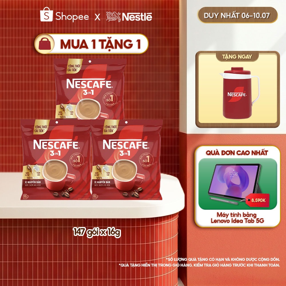 Combo 3 Bịch Cà phê Hòa tan NESCAFÉ VỊ NGUYÊN BẢN Đậm Thơm Hoàn Hảo (Bịch 46+3 gói x 16g)