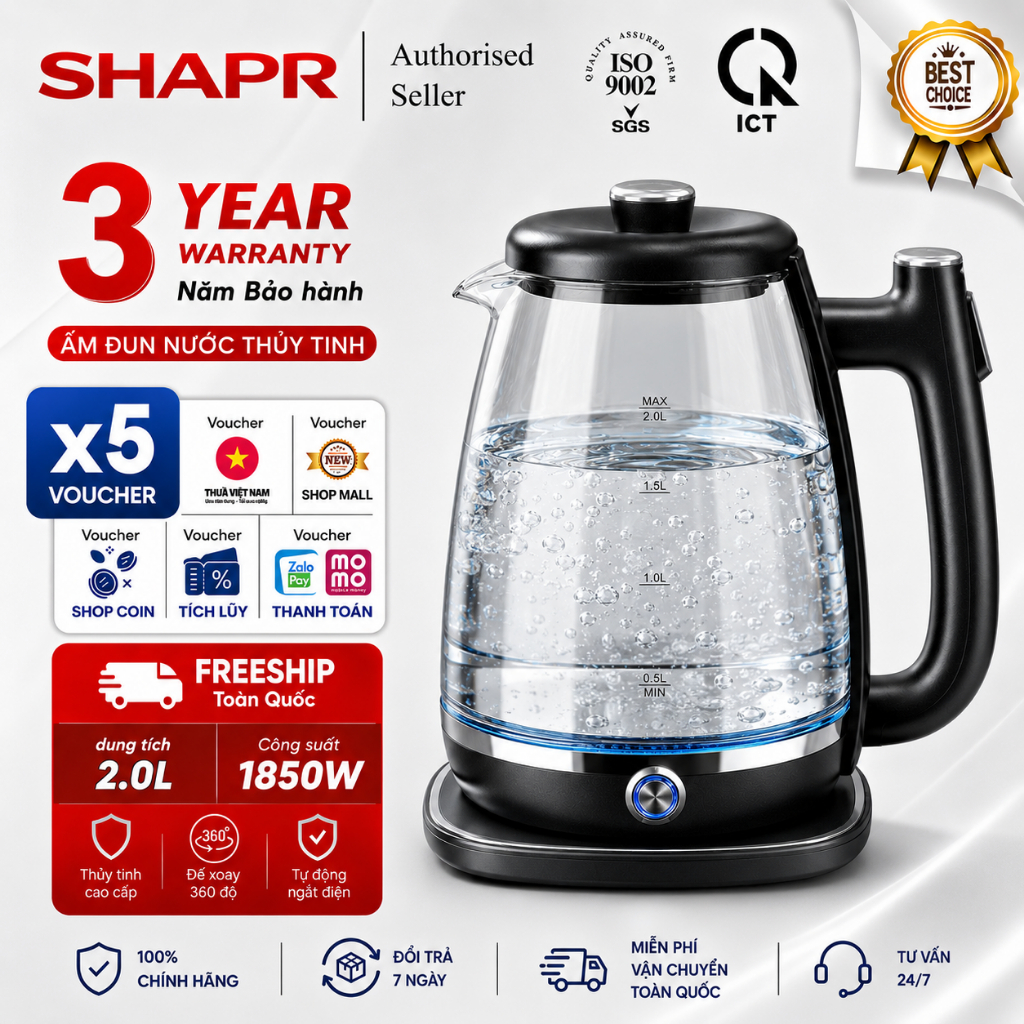【Bảo hành 3 năm】 - Ấm đun nước điện 2 lít - Công suất 1850W - Theo dõi mực nước trực quan