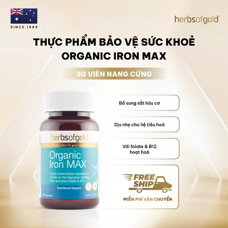 Viên Uống Bổ Sung Sắt Herbs of Gold Organic Iron Max – Sắt Hữu Cơ Dễ Hấp Thu – Hộp 30 Viên