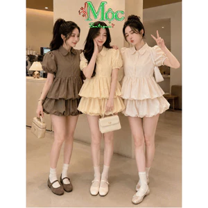 Set váy ngắn áo Babydoll cổ sen thiết kế Mango tay bồng cao cấp mix chấn váy bí ngắn xinh xắn