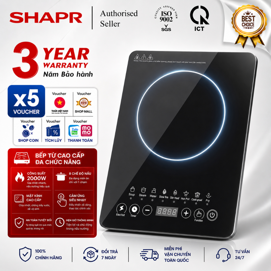 【Bảo hành 3 năm】 – Bếp từ công suất lớn 2200W bằng vật liệu cao cấp, có chức năng đặt lịch và nhiều chế độ nấu nướng