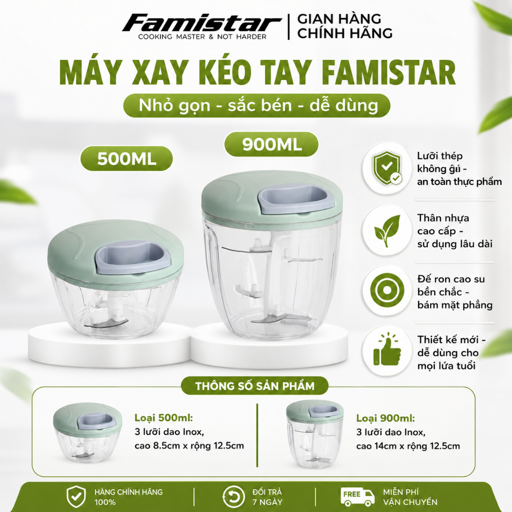 Dụng cụ xay tỏi ớt 5 lưỡi INOX Famistar, Xay tỏi ớt cầm tay cao cấp mini đa năng