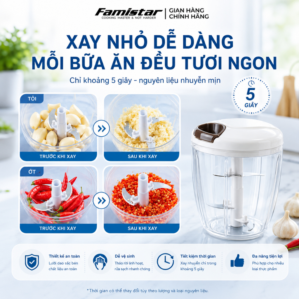 Dụng cụ xay tỏi ớt 5 lưỡi INOX Famistar, Xay tỏi ớt cầm tay cao cấp mini đa năng