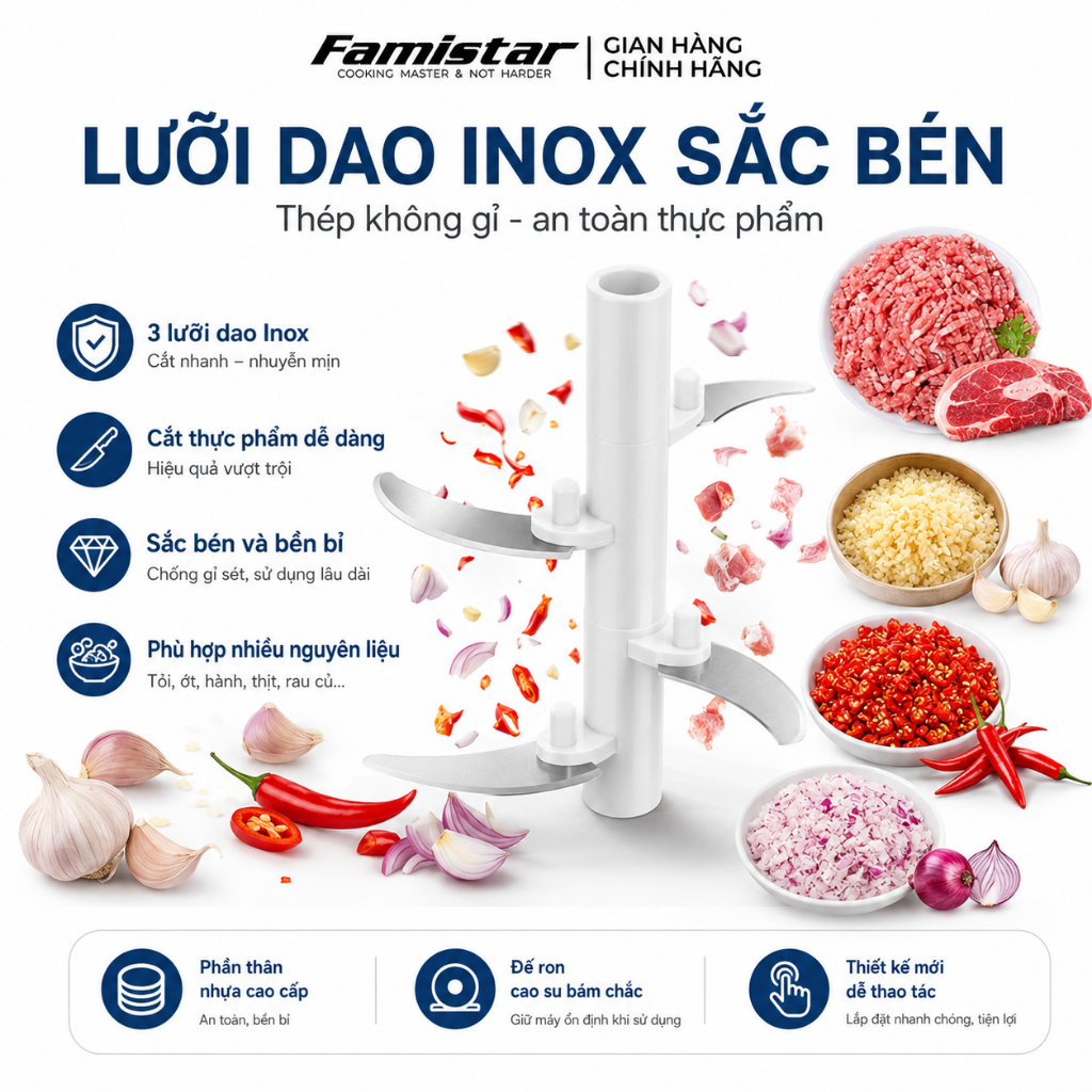 Dụng cụ xay tỏi ớt 5 lưỡi INOX Famistar, Xay tỏi ớt cầm tay cao cấp mini đa năng