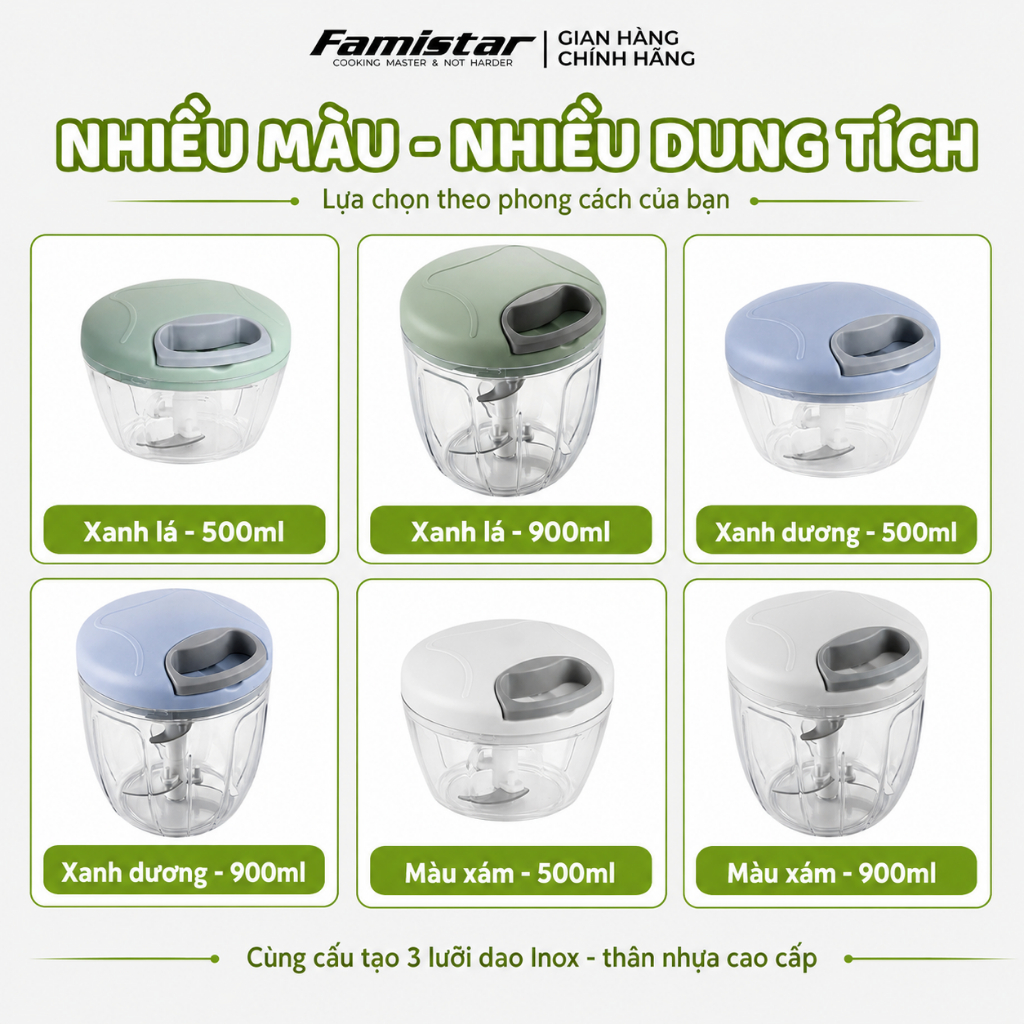 Dụng cụ xay tỏi ớt 5 lưỡi INOX Famistar, Xay tỏi ớt cầm tay cao cấp mini đa năng