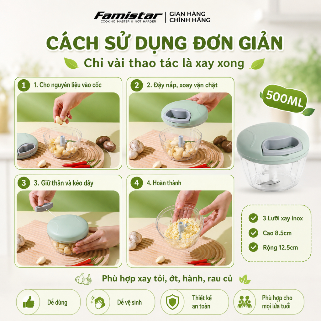 Dụng cụ xay tỏi ớt 5 lưỡi INOX Famistar, Xay tỏi ớt cầm tay cao cấp mini đa năng