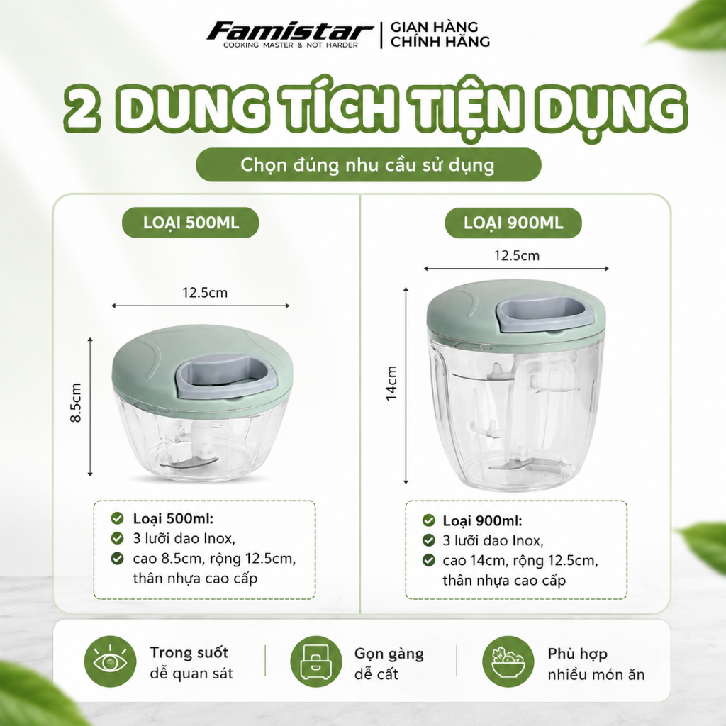Dụng cụ xay tỏi ớt 5 lưỡi INOX Famistar, Xay tỏi ớt cầm tay cao cấp mini đa năng