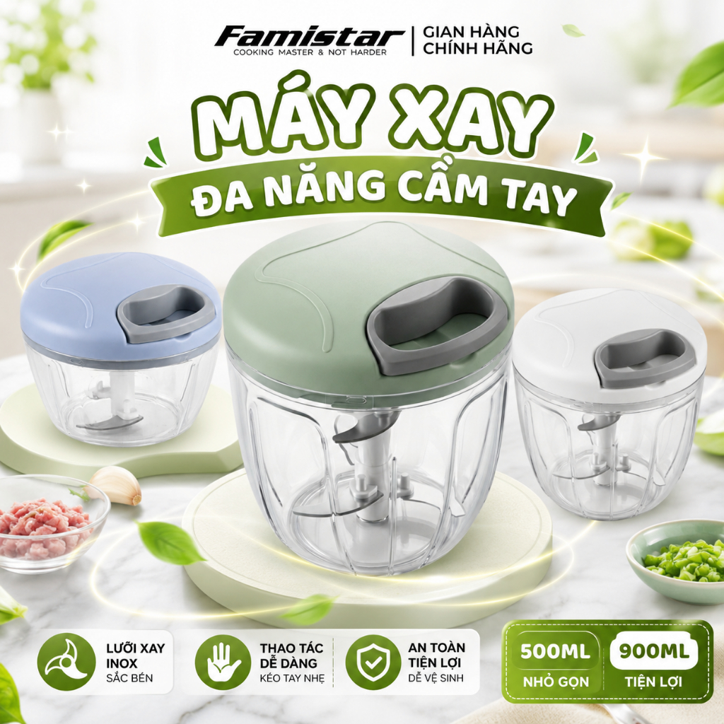Dụng cụ xay tỏi ớt 5 lưỡi INOX Famistar, Xay tỏi ớt cầm tay cao cấp mini đa năng