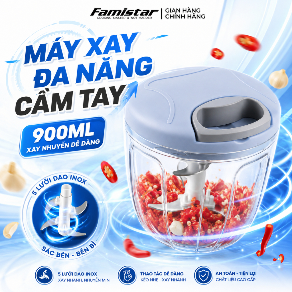 Dụng cụ xay tỏi ớt 5 lưỡi INOX Famistar, Xay tỏi ớt cầm tay cao cấp mini đa năng