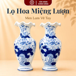 Lọ Hoa Thờ Miệng Lượn Men Lam Vẽ Kỹ Gốm Sứ Bát Tràng Cao Cấp - Lọ Hoa Thờ Gia Tiên Họa Tiết Sen