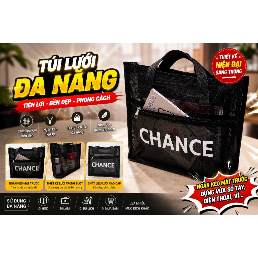 Túi Tote Lưới Nữ CHANCI Cao Cấp 2 Ngăn – Đi Học, Đi Biển Siêu Hot