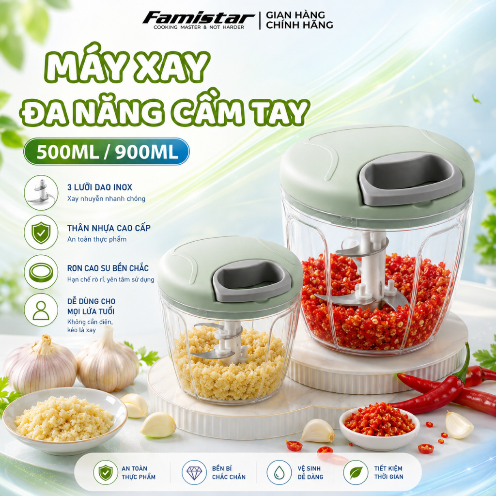 Dụng cụ xay tỏi ớt 5 lưỡi INOX Famistar, Xay tỏi ớt cầm tay cao cấp mini đa năng