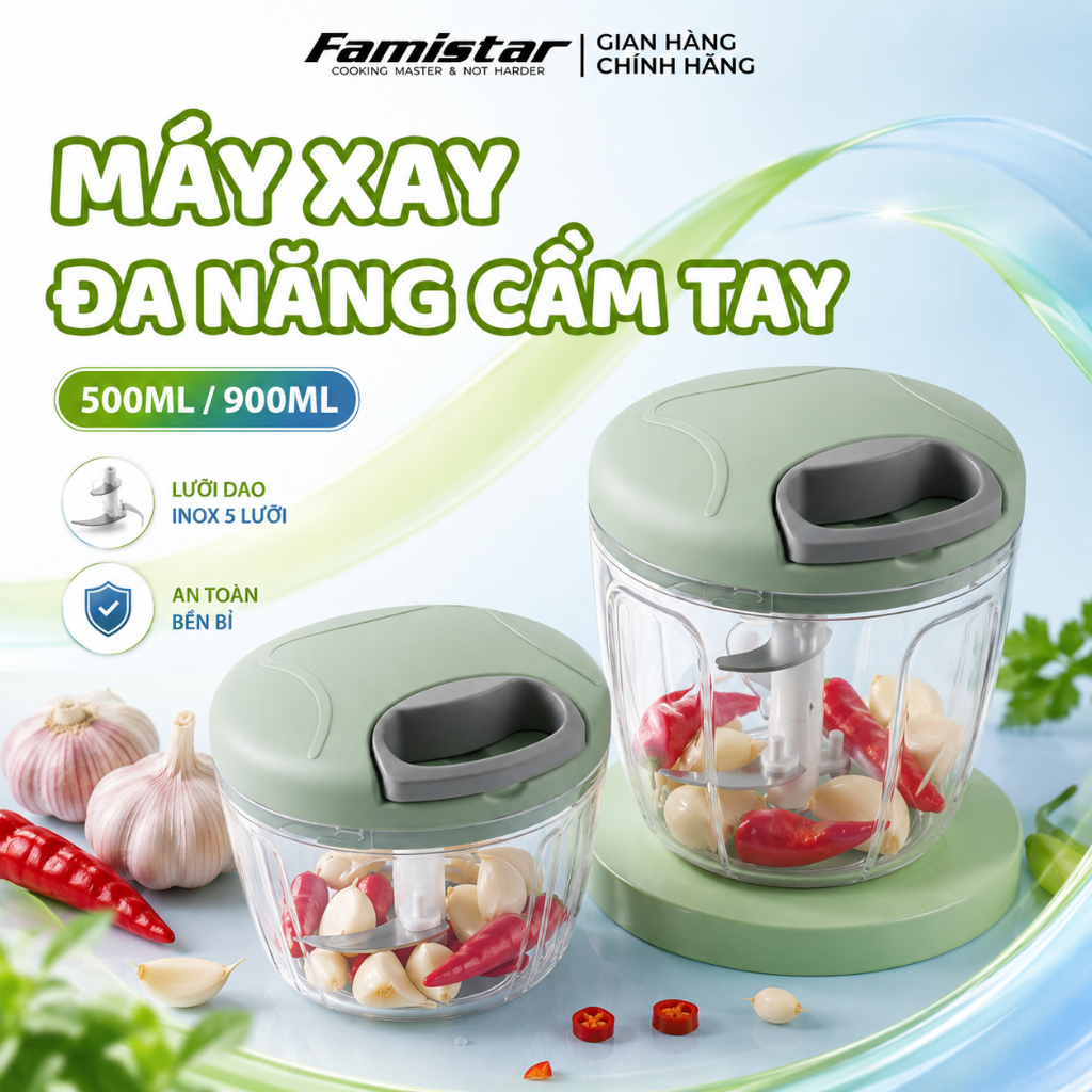 Dụng cụ xay tỏi ớt 5 lưỡi INOX Famistar, Xay tỏi ớt cầm tay cao cấp mini đa năng