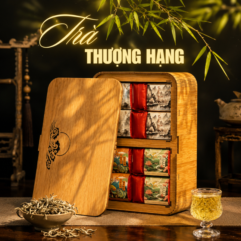 Bộ Trà Thượng Hạng Tân Cương & Shan Tuyết Uống Trà Đạo Hộp Gỗ Biếu Tặng Trung Thu Cao Cấp Người Thân