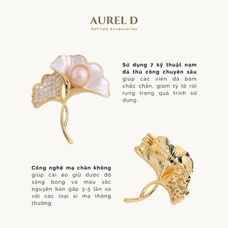 Trâm Cài Aurel D Lá Bạch Quả Đính Ngọc Trai Hồng và Đá CZ Cài Vest Áo Dài, Quà Tặng Thanh Lịch
