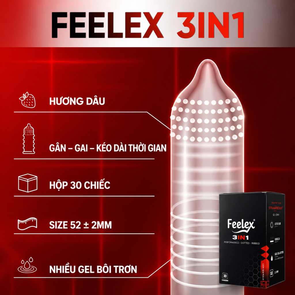 Hộp 30 chiếc bao cao su Feelex gân gai, siêu mỏng, kéo dài thời gian, siêu tiết kiệm - ảnh 4