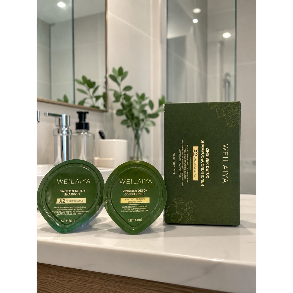 Set Mini 14ml x 2 Dầu Gội Xả WEILAIYA Zingiber Detox X2 Ginger Essence –Sạch Da Đầu, Tiện Mang Theo