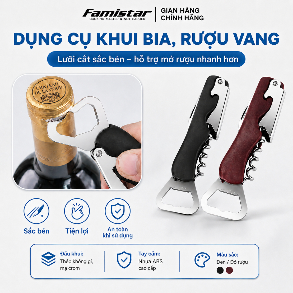 Dụng Cụ Khui Rượu Bia Đa Năng 4in1 – Khui Nắp Chai, Mở Rượu Vang, Cắt Giấy Bạc, Tiện Lợi Chống Trượt Famistar