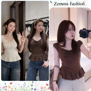 Áo kiểu nữ tay bồng peplum chấm bi cổ tim thắt nơ trước ngực mặc đi chơi dạo phố cực xinh HCOM27773