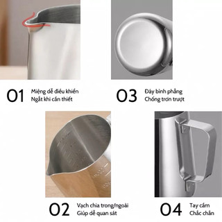 Ca đánh sữa có vạch định lượng, làm nguội cà phê pha máy, inox 304, nhiều dung tích, có quai cầm tiện lợi, chống bỏng