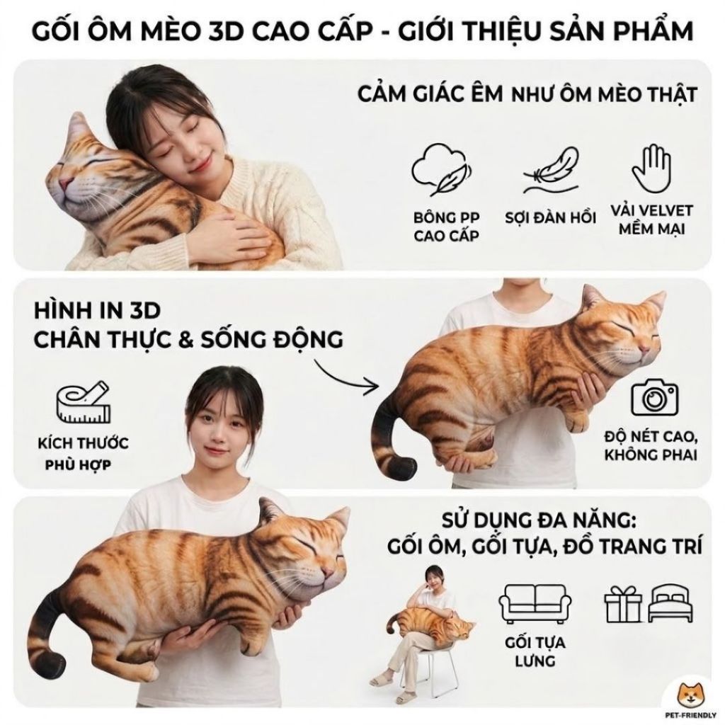 Gấu Bông Hình Mèo 3D Ngủ Như Thật, Gối Ôm Mèo Vải Mềm Mại Quà Tặng,Decor Cho Bé Bạn Gái
