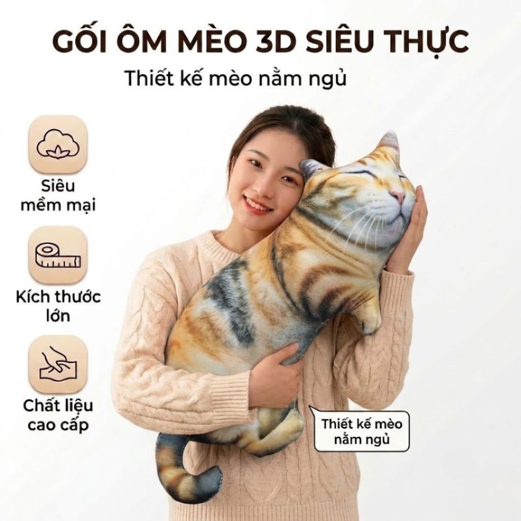 Gấu Bông Hình Mèo 3D Ngủ Như Thật, Gối Ôm Mèo Vải Mềm Mại Quà Tặng,Decor Cho Bé Bạn Gái