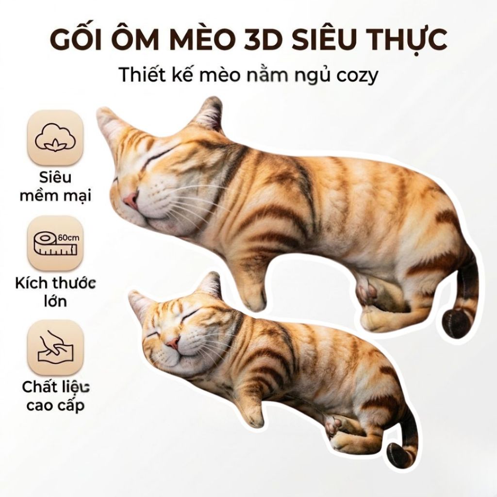 Gối Ôm Mèo 3D Siêu Giống Thật, Gấu Bông Mèo Vải Nhung Mềm Mịn Đáng Yêu Quà Tặng Cho Bé,Bạn Gái