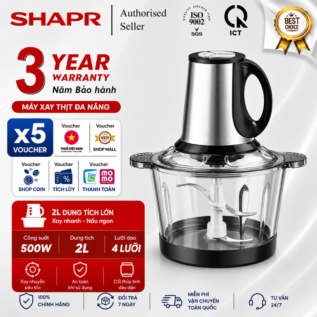 【Bảo hành 3 năm】-Máy xay thịt đa tốc độ 2027new 2 Lít  kính cường lực nhìn thấu, 4 lưỡi cắt sắc bén, dung tích