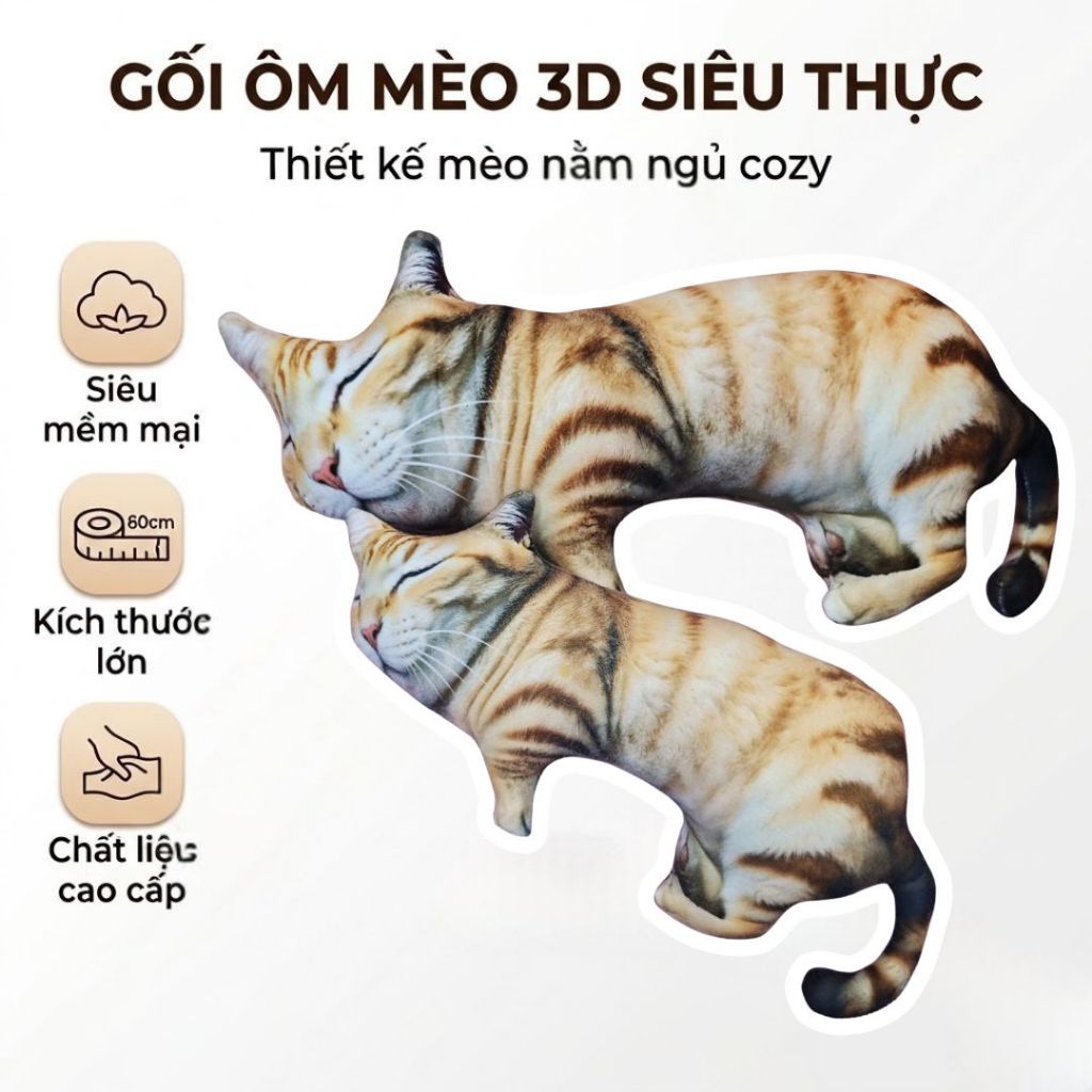 Gấu Bông Mèo 3D Ngủ Siêu Chân Thực, Gối Ôm Mèo Vải Nhung Mềm Mại Quà Tặng Cute Cho Bé,Bạn Gái