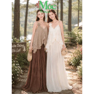 Set váy dài áo kiểu nữ 2 dây phối cài hoa Ren Xô mix chân váy Tơ dài bồng 2 lớp cao cấp sang trọng