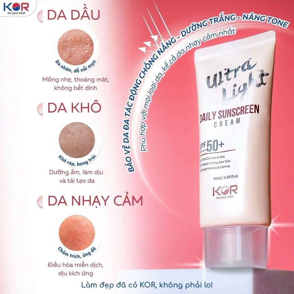 Kem chống nắng KOR Hàn Quốc 50ml nâng tone, dưỡng da, giữ ẩm. Tặng bộ kit 5 sản phẩm chăm sóc da KOR