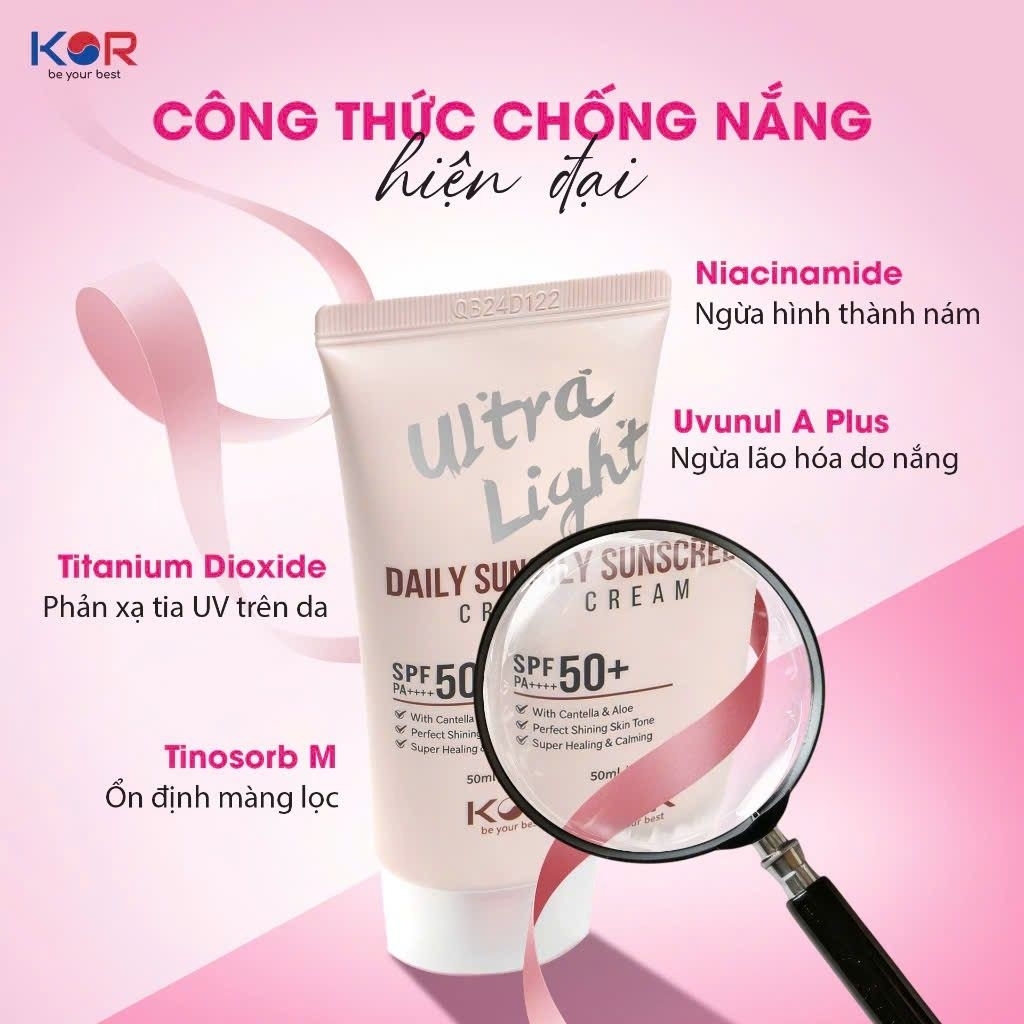 Kem chống nắng KOR Hàn Quốc 50ml nâng tone, dưỡng da, giữ ẩm. Tặng bộ kit 5 sản phẩm chăm sóc da KOR