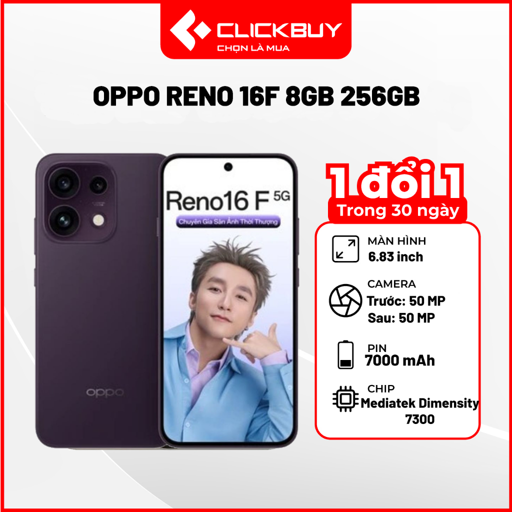 Điện Thoại OPPO Reno16 F 5G 8GB/256GB Camera Selfie 50MP Pin 7000mAh Sạc Nhanh 80W Chính Hãng