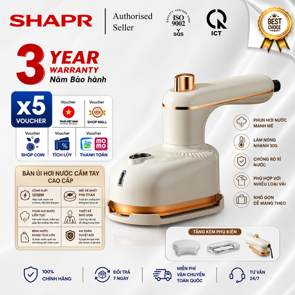 Bảo hành 3 năm - Bàn ủi hơi nước cầm tay mini 50ml - Công suất 40 watt - Tay cầm xoay 180°